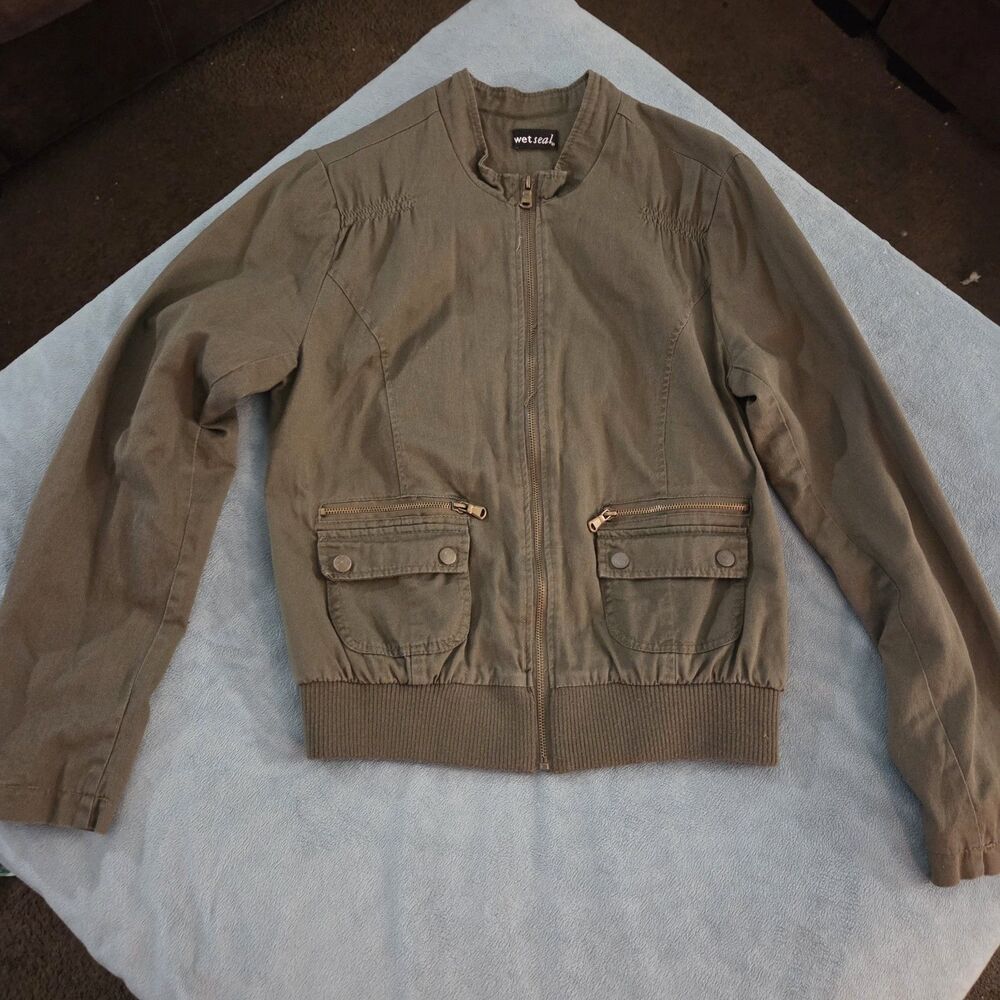 Wet Seal Bomber Jacket Womens M Olive Khaki Utility Cargo Zip Y2K Cropped